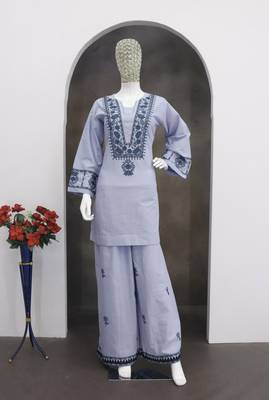 Dusty lavender cotton flex embroidered kurta pant set 3
