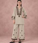Taupe grey cotton flex embroidered kurta pant set