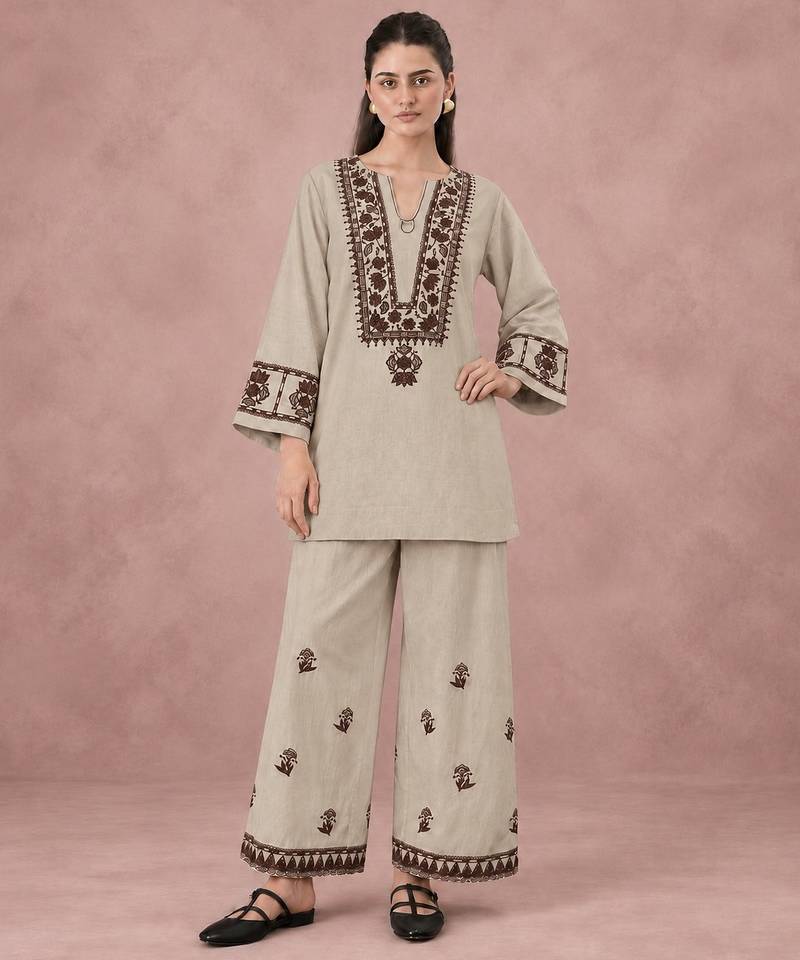 Taupe grey cotton flex embroidered kurta pant set