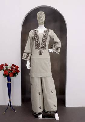 Taupe grey cotton flex embroidered kurta pant set 3