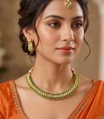 Glimmery square shape rajwada look green ad gold plated choker necklace set with maang tikka for women and girls
