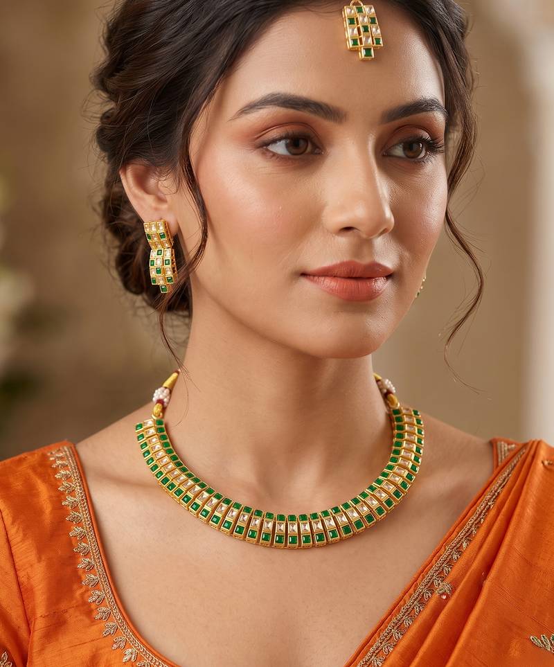 Glimmery square shape rajwada look green ad gold plated choker necklace set with maang tikka for women and girls