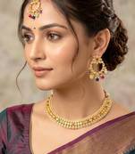 Delightful square shape and flower design colorful stone gold plated choker jewellery set for women and girls