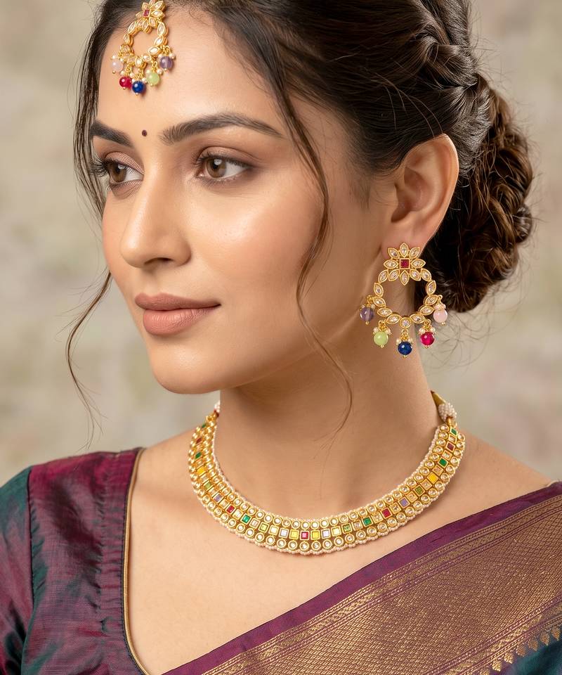 Delightful square shape and flower design colorful stone gold plated choker jewellery set for women and girls