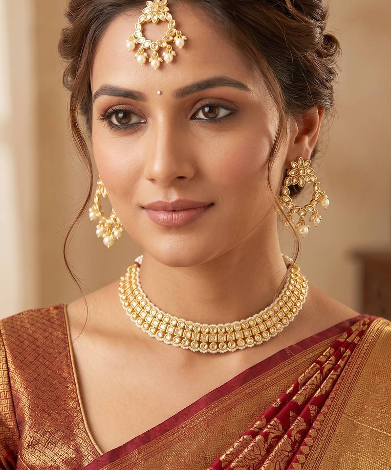 Dazzling square shape and flower design gold plated choker necklace set with maang tikka for women and girls