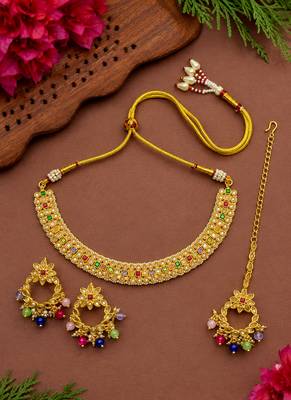 Delightful square shape and flower design colorful stone gold plated choker jewellery set for women and girls 2