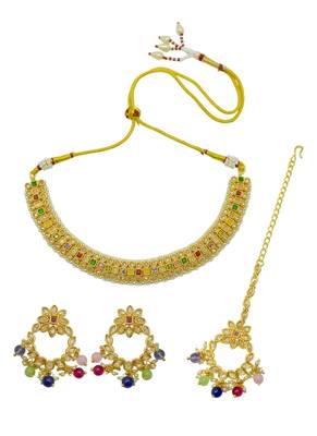 Delightful square shape and flower design colorful stone gold plated choker jewellery set for women and girls 3