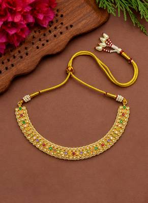Delightful square shape and flower design colorful stone gold plated choker jewellery set for women and girls 4