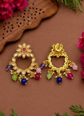 Delightful square shape and flower design colorful stone gold plated choker jewellery set for women and girls 5