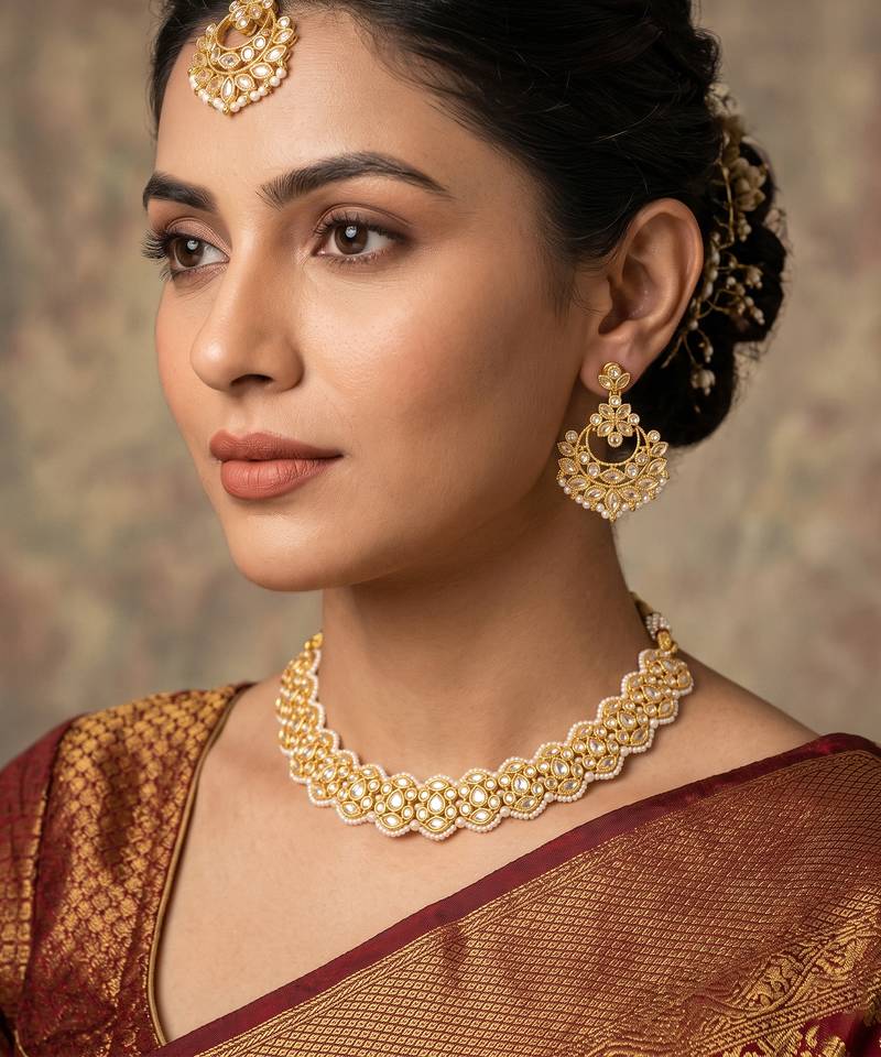 Fascinating flower and oval shape gold plated choker necklace set with maang tikka for women and girls