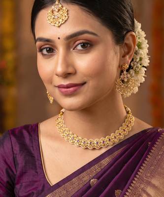 Fashionable flower and oval shape purple stone gold plated choker necklace set with maang tikka for women and girls 1