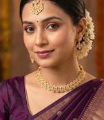 Fashionable flower and oval shape purple stone gold plated choker necklace set with maang tikka for women and girls