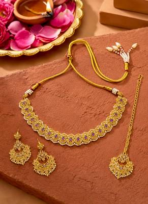 Fashionable flower and oval shape purple stone gold plated choker necklace set with maang tikka for women and girls 2