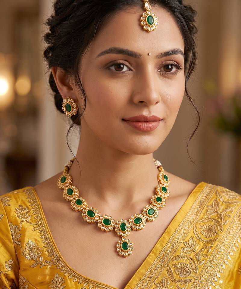 Glorious flower and circle design green stone gold plated choker necklace set with maang tikka for women and girls