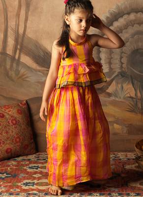 Yellow and pink cotton silk top and palazzo set 1