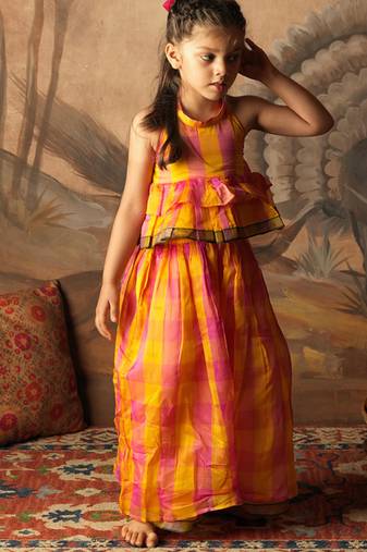 Yellow and pink cotton silk top and palazzo set