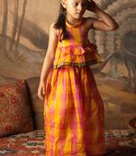 Yellow and pink cotton silk top and palazzo set
