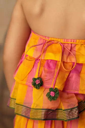 Yellow and pink cotton silk top and palazzo set
