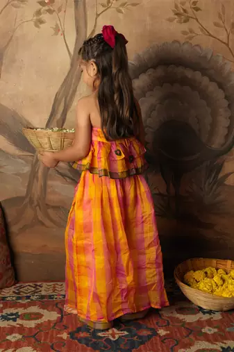 Yellow and pink cotton silk top and palazzo set