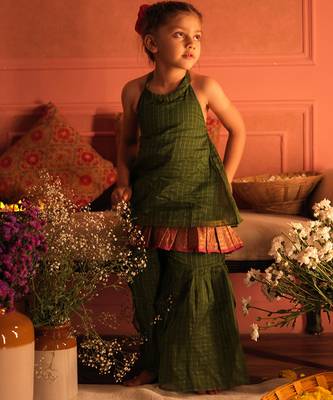 Green cotton silk top and sharara set 1