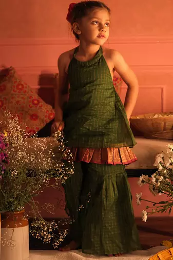 Green cotton silk top and sharara set
