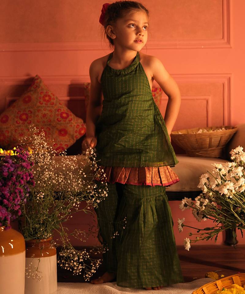 Green cotton silk top and sharara set