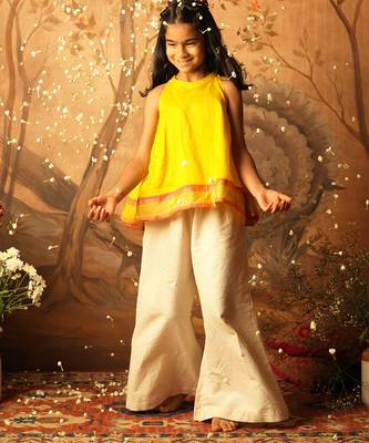 Yellow and off white solid cotton silk top and palazzo set 1