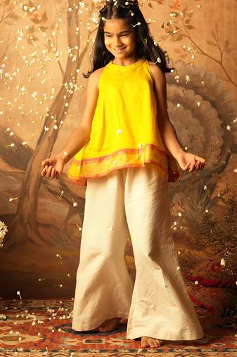 Yellow and off white solid cotton silk top and palazzo set