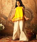 Yellow and off white solid cotton silk top and palazzo set