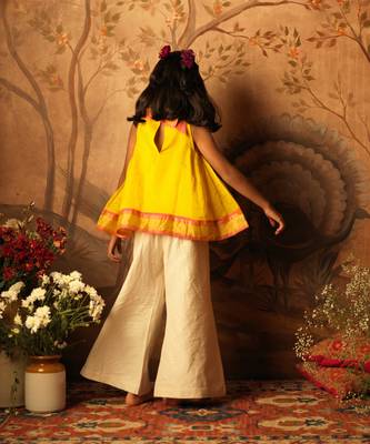 Yellow and off white solid cotton silk top and palazzo set 2