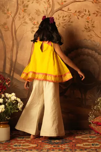 Yellow and off white solid cotton silk top and palazzo set