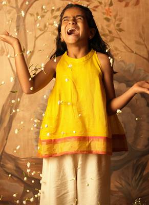 Yellow and off white solid cotton silk top and palazzo set 3