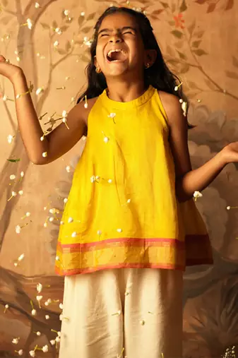 Yellow and off white solid cotton silk top and palazzo set