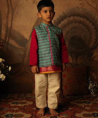 Blue and light purple striped cotton silk nehru jacket 1