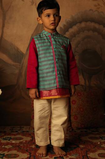 Blue and light purple striped cotton silk nehru jacket