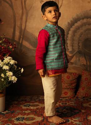 Blue and light purple striped cotton silk nehru jacket 2