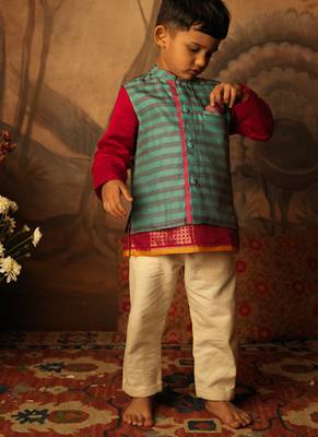 Blue and light purple striped cotton silk nehru jacket 3