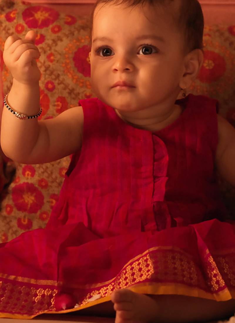 Pink and red cotton silk pleated dress