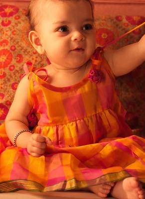 Yellow and pink cotton silk tiered dress 1