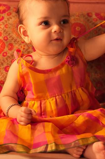 Yellow and pink cotton silk tiered dress