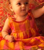 Yellow and pink cotton silk tiered dress