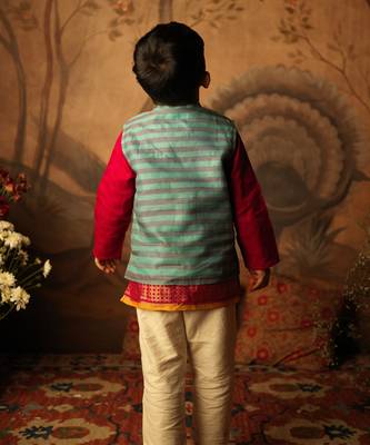 Blue and light purple striped cotton silk nehru jacket 4