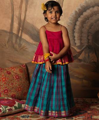 Pink top and multicolor cotton silk lehenga set 1