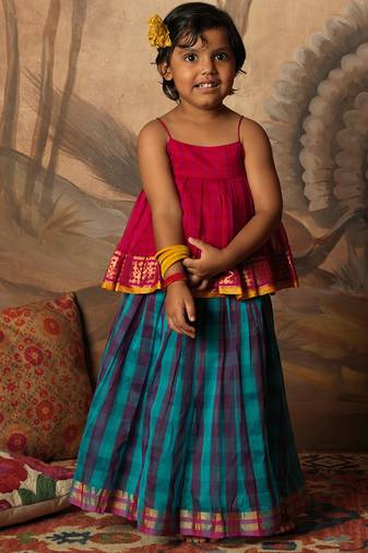 Pink top and multicolor cotton silk lehenga set