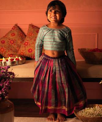 Blue cotton silk blouse and multicolor lehenga set 1