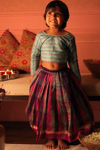 Blue cotton silk blouse and multicolor lehenga set