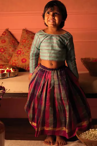Blue cotton silk blouse and multicolor lehenga set