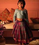 Blue cotton silk blouse and multicolor lehenga set