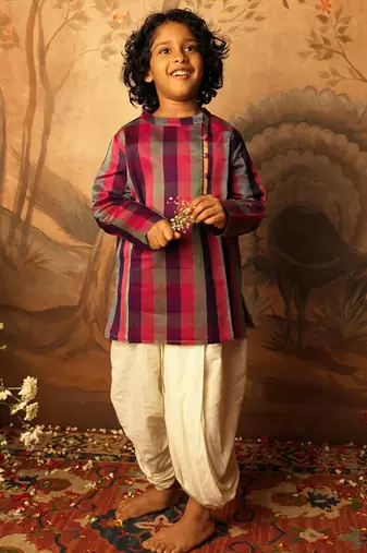 Purple and multicolor cotton silk side button kurta