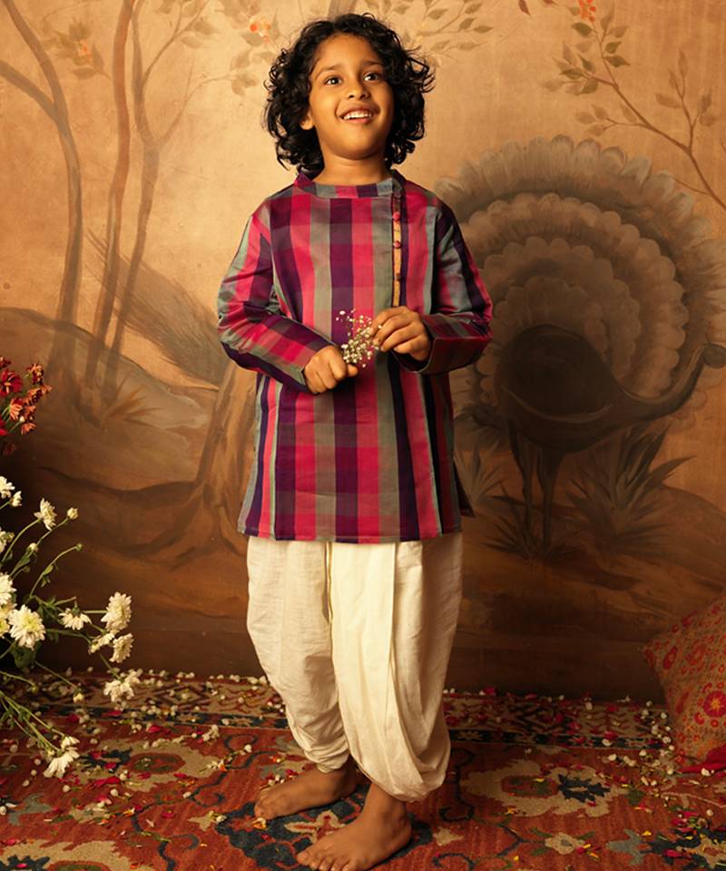 Purple and multicolor cotton silk side button kurta